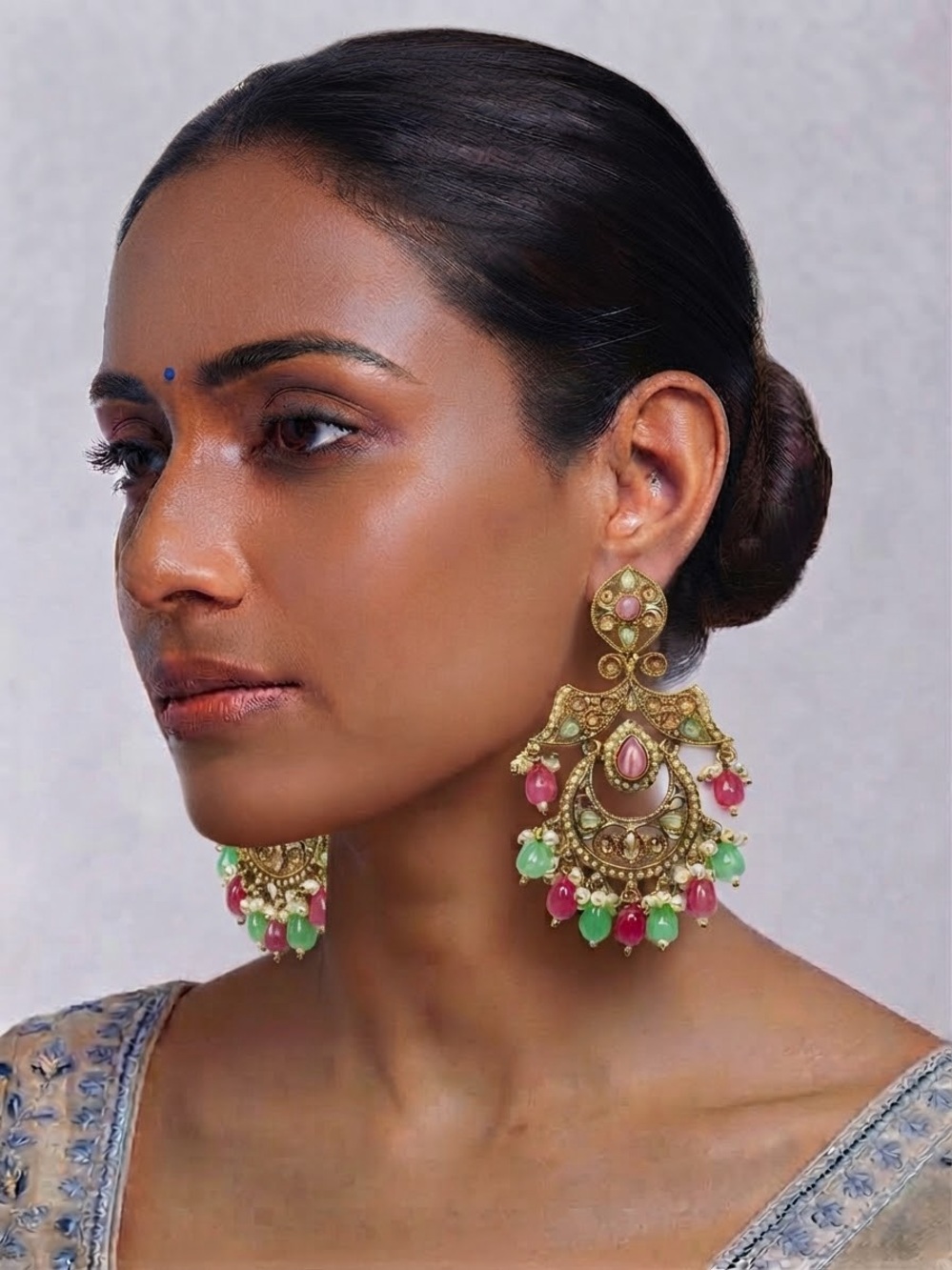Gold-Tone Green & Pink Chandelier Earrings - Women Jewelry
